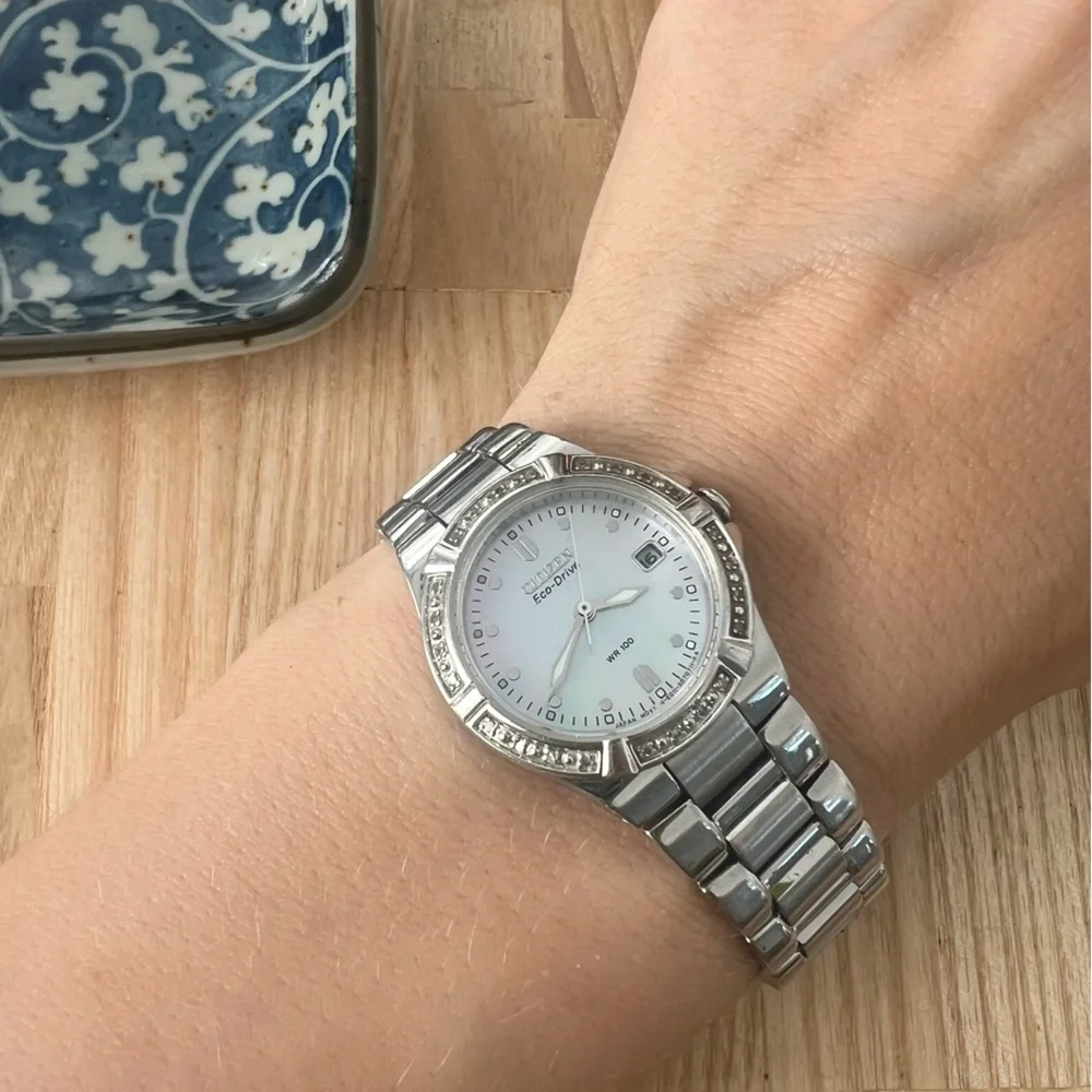 Citizen eco-drive ladies silver tone diamond solar dress watch